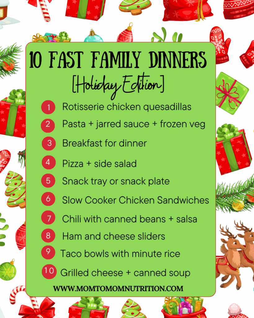 Quick and easy family dinners for the busy holiday season. Fast meals for tired moms: rotisserie chicken ideas, breakfast for dinner, slow cooker shortcuts, and more.