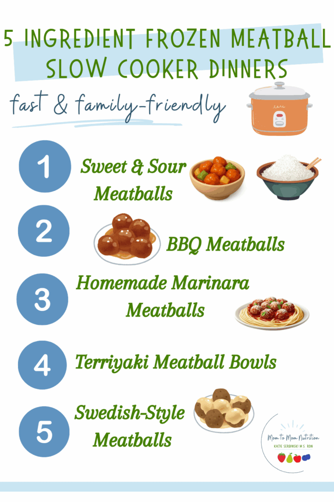 5 Ingredient Slow Cooker Meatballs - Mom to Mom Nutrition Fast and family-friendly! Try these 5-ingredient (or less) frozen meatball slow cooker dinners with easy homemade sauces. Perfect for busy weeknights.