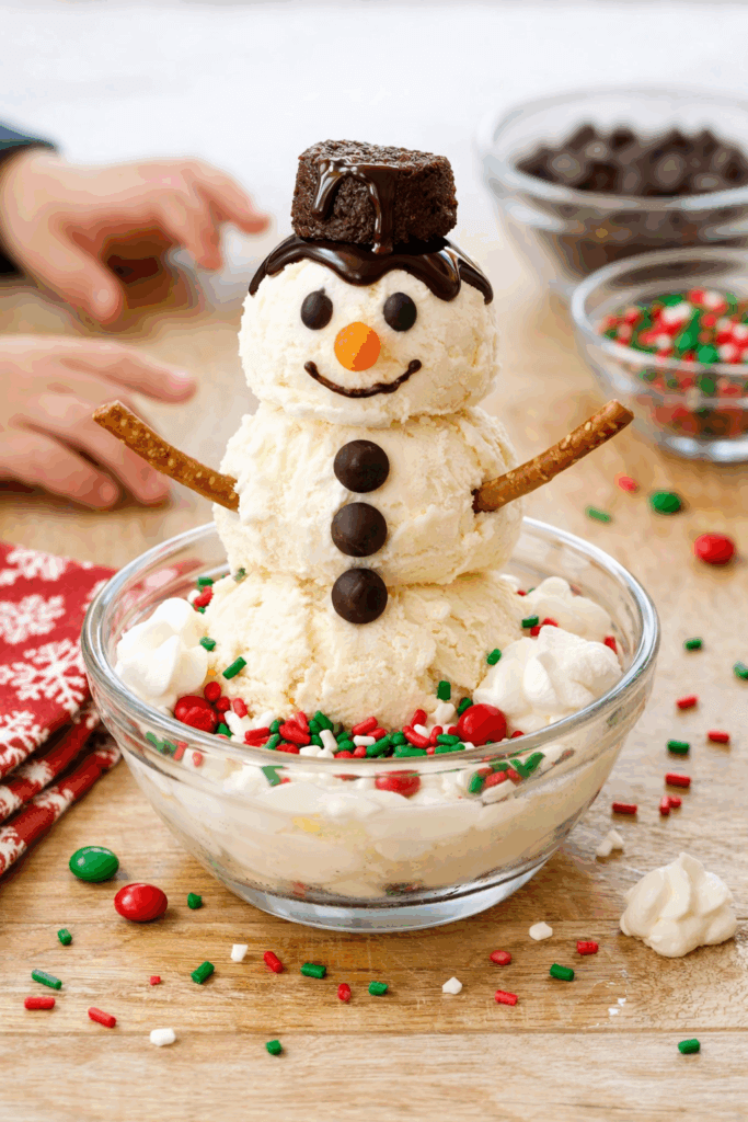 Homemade snowman ice cream sundae made with vanilla ice cream scoops, chocolate chip eyes, candy nose, and pretzel arms in a festive winter kitchen setting.