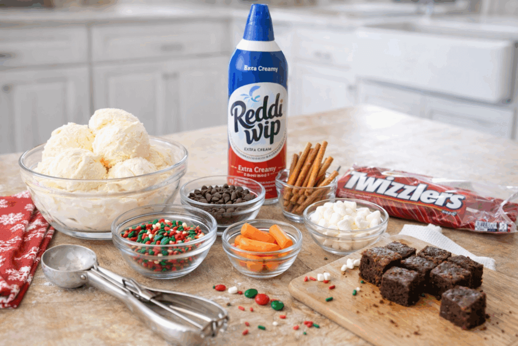 Homemade snowman ice cream sundae made with vanilla ice cream scoops, chocolate chip eyes, candy nose, and pretzel arms in a festive winter kitchen setting.