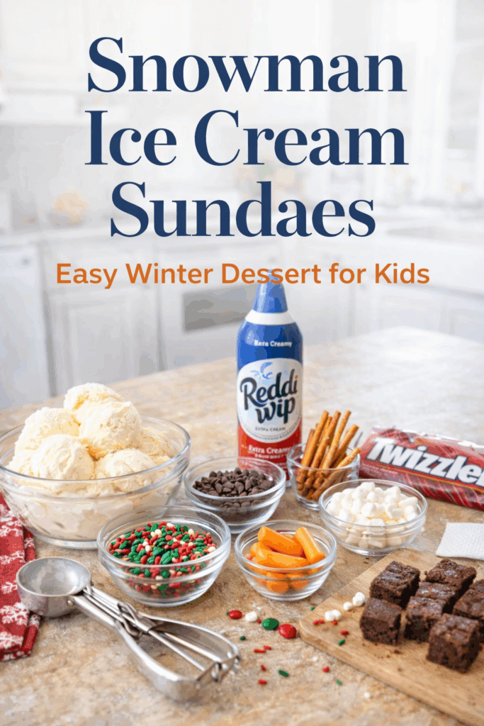 Homemade snowman ice cream sundae made with vanilla ice cream scoops, chocolate chip eyes, candy nose, and pretzel arms in a festive winter kitchen setting.