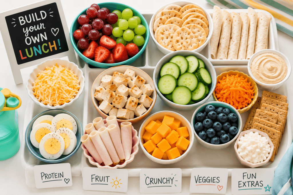 ChatGPT Image Jul 22 2026 10_55_03 PM - Mom to Mom Nutrition A 'Build your own lunch' sign beside a colorful tray of snack bowls for a DIY lunch station. Fruits, veggies, proteins, cheeses, crackers and tubes are arranged in separate bowls on a tray, with labeled cards reading Protein, Fruit, Crunchy, Veggies, Fun Extras.