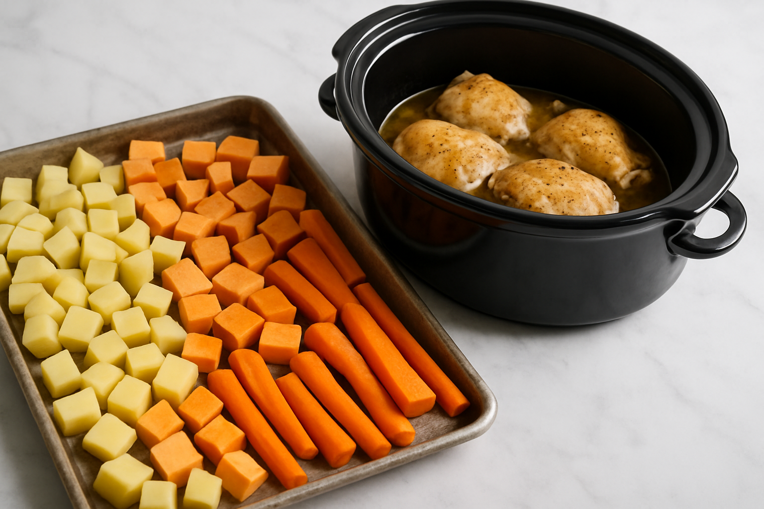 chicken cooking in a slow cooker cubed potatoes on a sheet - Mom to Mom Nutrition