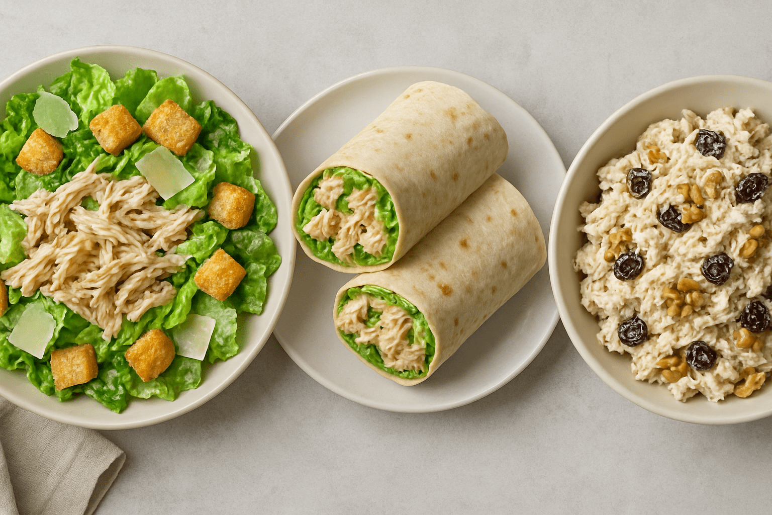 shredded chicken in 3 different dinners caesar salad chick - Mom to Mom Nutrition Hate meal prep or feel like you don’t have time? Try this realistic “meal prep lite” approach for busy moms to make dinner easier without spending hours cooking.