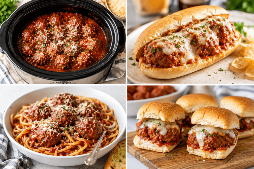 These dump-and-bake Italian meatballs turn into 3 easy family dinners busy moms can make all week long using one simple recipe base.