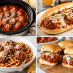 Slow cooker filled with meatballs in tomato sauce, garnished with herbs and parmesan.