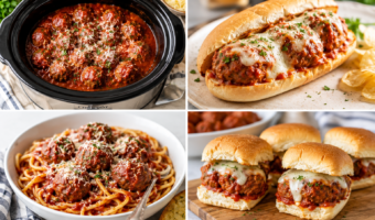 Slow cooker filled with meatballs in tomato sauce, garnished with herbs and parmesan.