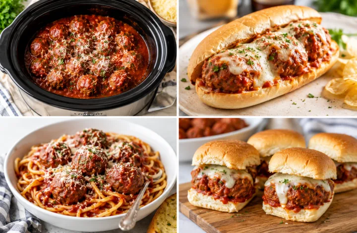 Slow cooker filled with meatballs in tomato sauce, garnished with herbs and parmesan.
