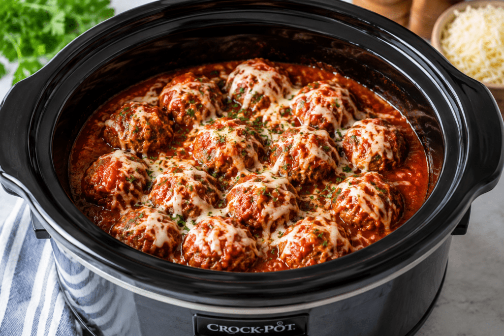 Meatballs in marinara sauce with melted cheese and herbs in a black slow cooker (Crock-Pot).