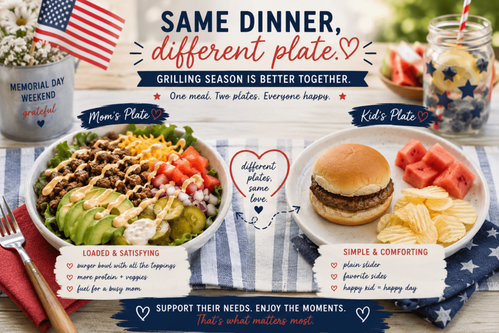 - Mom to Mom Nutrition Same dinner, different plate can make summer BBQs less stressful for families with picky eaters. Learn realistic feeding strategies for cookouts, grilling nights, and family gatherings.