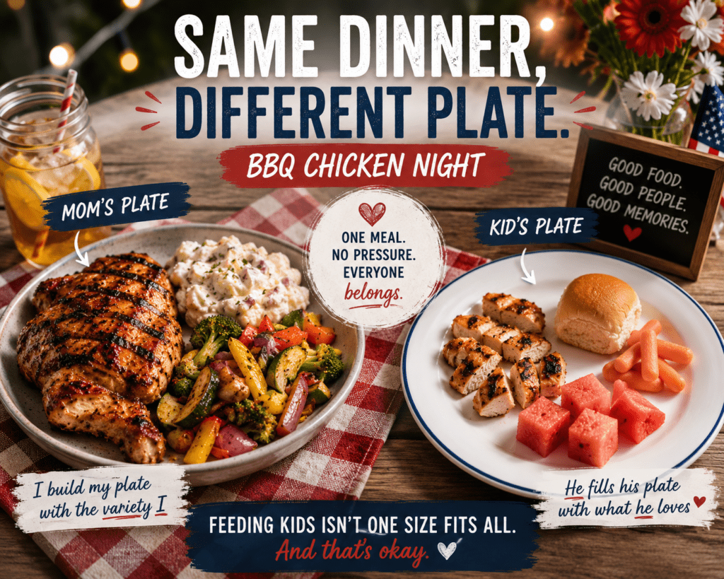 - Mom to Mom Nutrition Same dinner, different plate can make summer BBQs less stressful for families with picky eaters. Learn realistic feeding strategies for cookouts, grilling nights, and family gatherings.