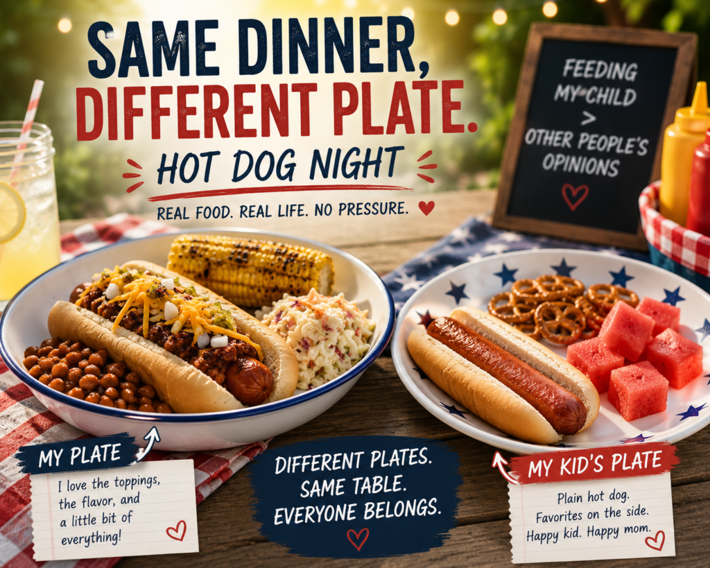 - Mom to Mom Nutrition Same dinner, different plate can make summer BBQs less stressful for families with picky eaters. Learn realistic feeding strategies for cookouts, grilling nights, and family gatherings.