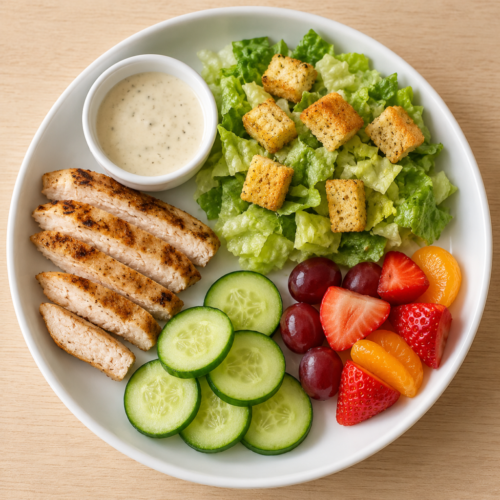 Plate with grilled chicken slices, Caesar-like salad with croutons and a creamy dressing, cucumber rounds, grapes, strawberries, mandarin orange segments, all on a white plate
