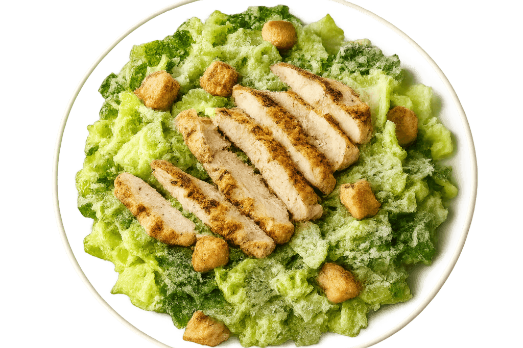 Round plate of chopped green salad with grilled chicken strips and croutons on top.