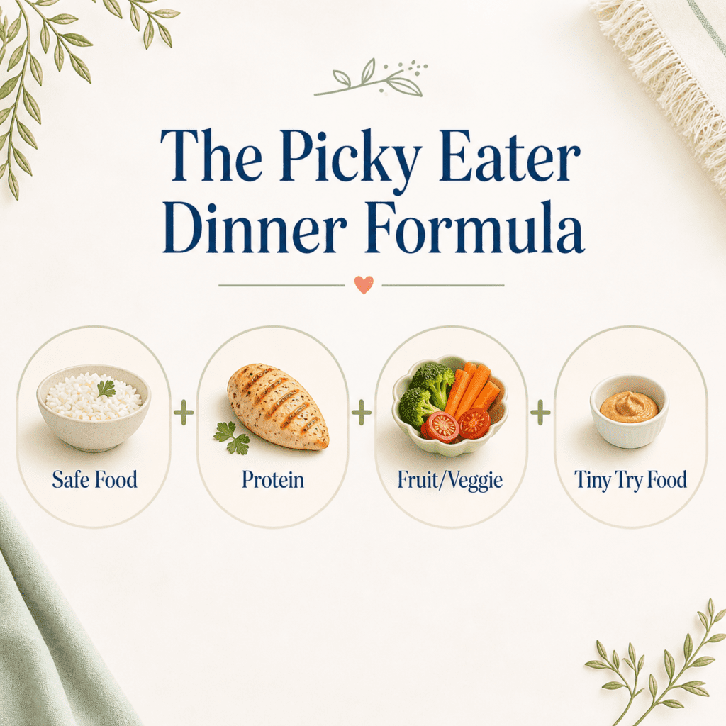 Illustration of The Picky Eater Dinner Formula: Safe Food, Protein, Fruit/Veggie, and Tiny Try Food in circular frames.
