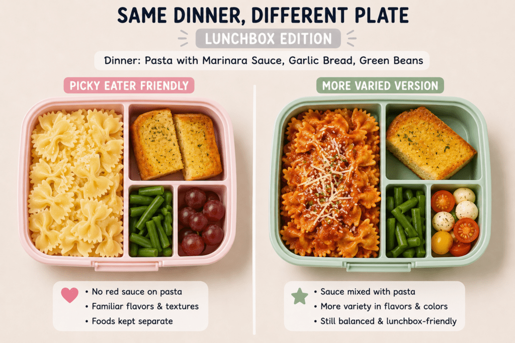 SDDP Lunchbox - Mom to Mom Nutrition Packing school lunch for a picky eater doesn't mean making something completely different. Learn how to use the Same Dinner Different Plate method for lunchboxes — from a Registered Dietitian mom of four.
