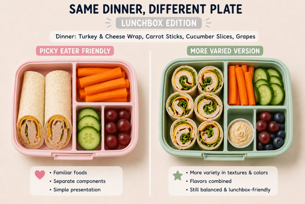 SDDP Lunchbox 2 - Mom to Mom Nutrition Packing school lunch for a picky eater doesn't mean making something completely different. Learn how to use the Same Dinner Different Plate method for lunchboxes — from a Registered Dietitian mom of four.