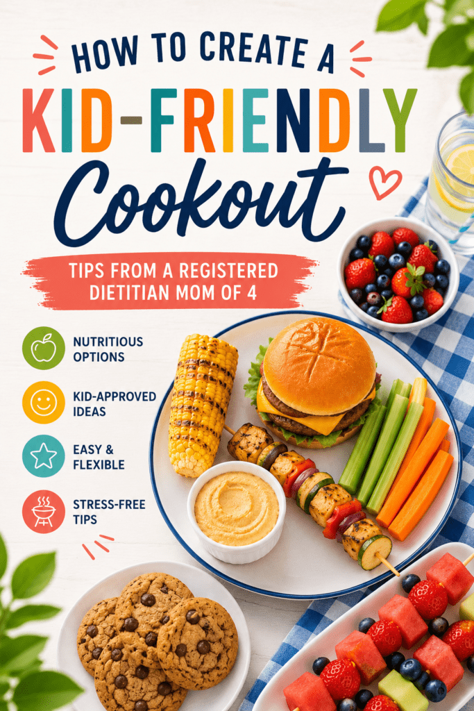 Plan a kid-friendly cookout the whole family will love. 5 easy tips from a dietitian + mom of four, plus a simple kid-approved menu and drink ideas.