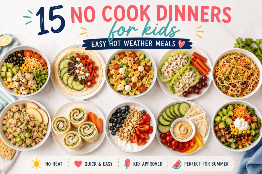 15 No Cook Dinners 2 - Mom to Mom Nutrition Too hot to cook? These 15 no cook dinners for kids are healthy-ish, kid-approved, and dietitian-created — no oven, no stove, no sweat. Dinner is done!