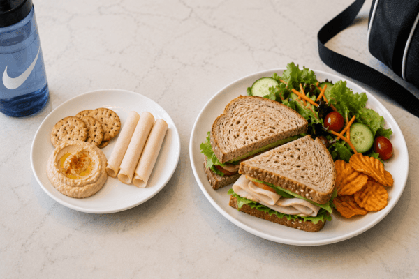 Two white plates on a light counter: one with a turkey sandwich and a side salad, the other with hummus, crackers, and rolled deli meat, plus a blue water bottle nearby.