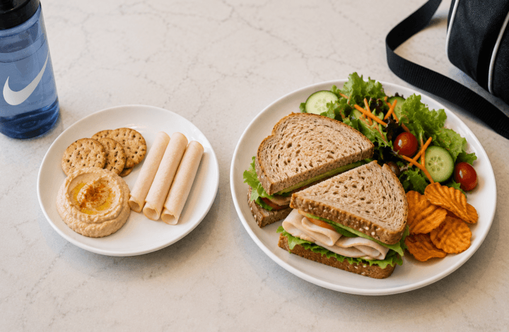 Two white plates on a light counter: one with a turkey sandwich and a side salad, the other with hummus, crackers, and rolled deli meat, plus a blue water bottle nearby.