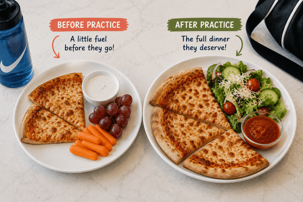 - Mom to Mom Nutrition Left plate with four pizza slices, grapes, baby carrots, and a dipping sauce, beside a blue water bottle (before practice).