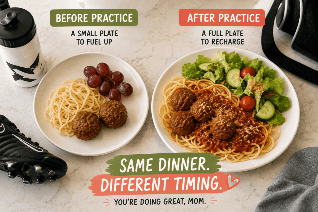 dinner when kids have practice - Mom to Mom Nutrition Practice at 5:30? Learn how to feed everyone one dinner in two shifts — a pre-practice plate and a post-practice plate — without ever cooking twice.