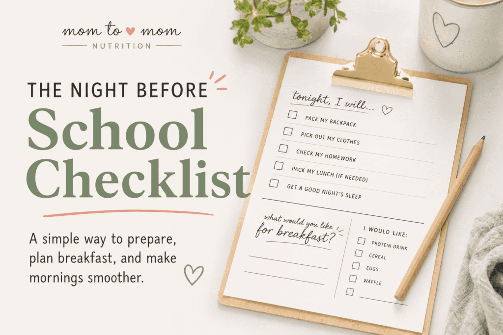 A free printable night-before school checklist for kids — backpack, clothes, homework, lunch, and the breakfast question that fixed our mornings.