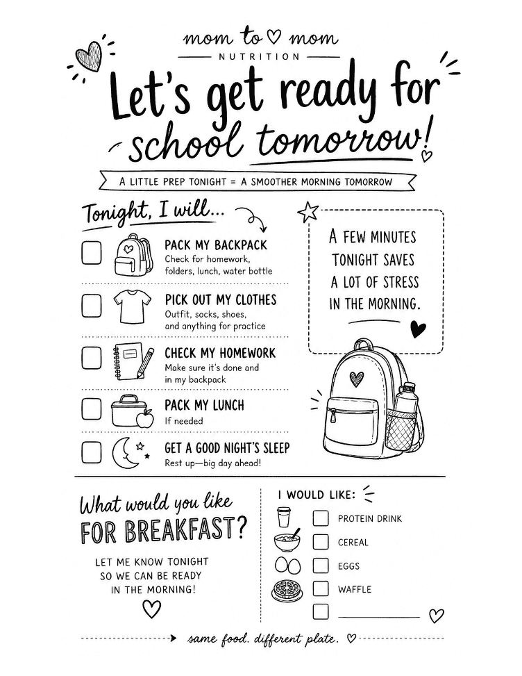 Illustrated school-night checklist: pack backpack, choose clothes, check homework, pack lunch, and get a good night’s sleep with a backpack graphic.