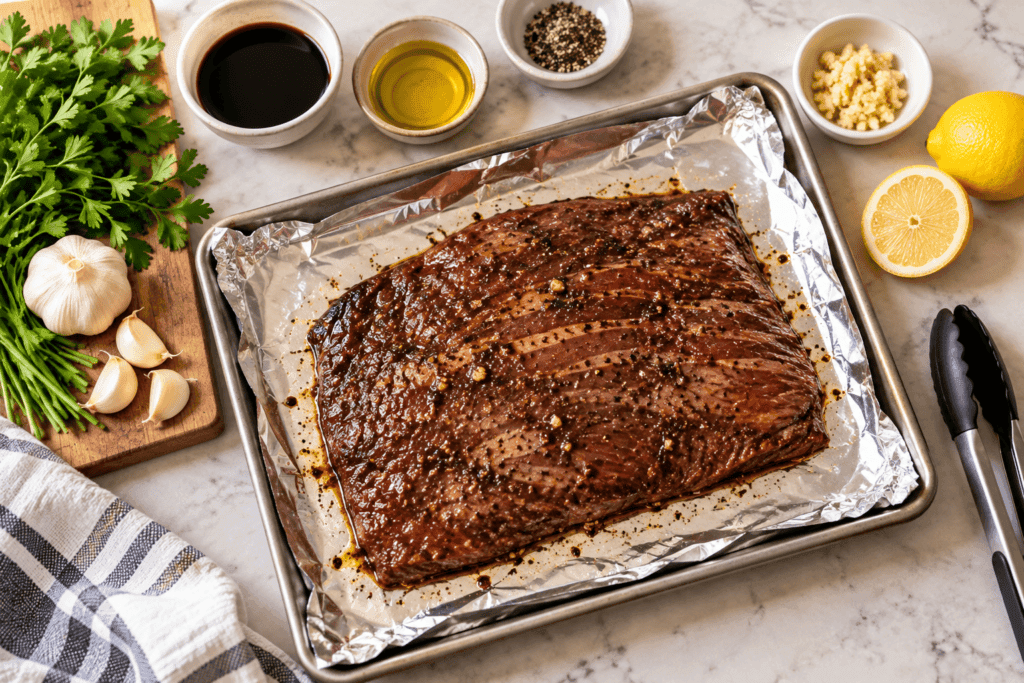 - Mom to Mom Nutrition Broiled flank steak is the easiest steak dinner of the week: a 4-ingredient marinade, 12 minutes under the broiler, no grill required. From a dietitian mom of four.
