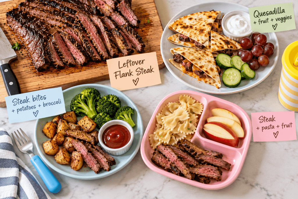 - Mom to Mom Nutrition Assorted steak dishes with notes labeling Leftover flank steak, steak bites with potatoes and broccoli, quesadillas, and pasta with fruit.